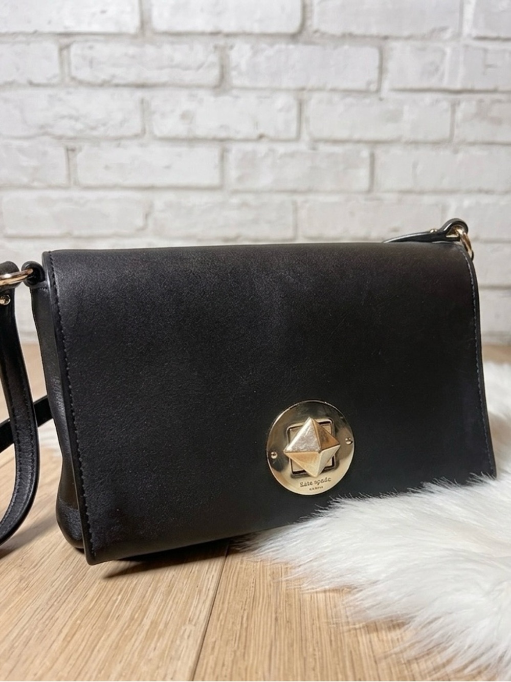 Kate Spade Black leather Crossbody Bag with Gold pyramid turn lock vintage
